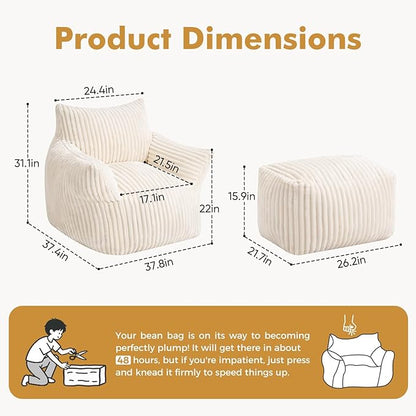JULY'S SONG Bean Bag Chair with Ottoman for Adults, Fluffy Cream Lazy Couch Sofa Chair with Armrests for Living Room, Bedroom & Dorm