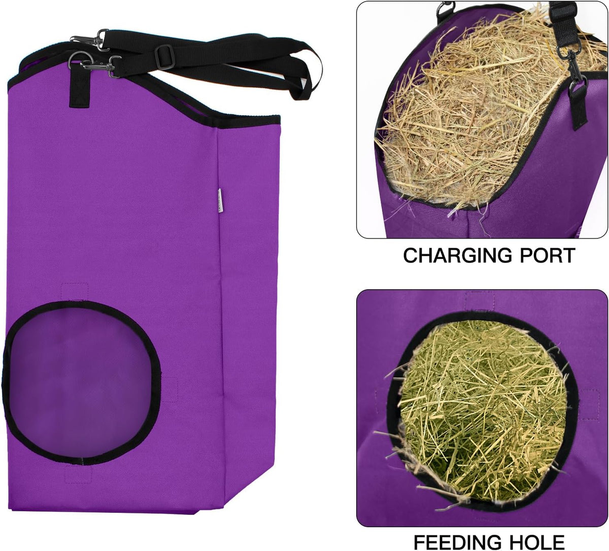 3 Packs Goat Hay Feeder,Hay Bags for Goats,Horses,Sheep,Premium 600D Oxford Cloth,with Metal Fastener and Adjustable Open Feed Hole for Slow Feeding. (2Purple + 1Black)