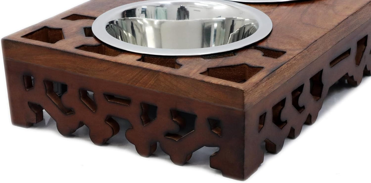Elevated Pet Feeder for Dogs and Cats - Hand Carved Wood Bones Raised Dog Bowl Stand - Pet Feeding Stand with Two Steel Bowls - Raised Dog Bowl for Food Water - Pet Feeding Station -17x11x4- IRONGATE