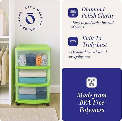 HOMZ 2-Pack Drawer Tower, 3-Tier Clear Plastic Storage Organizer Cart, Bold