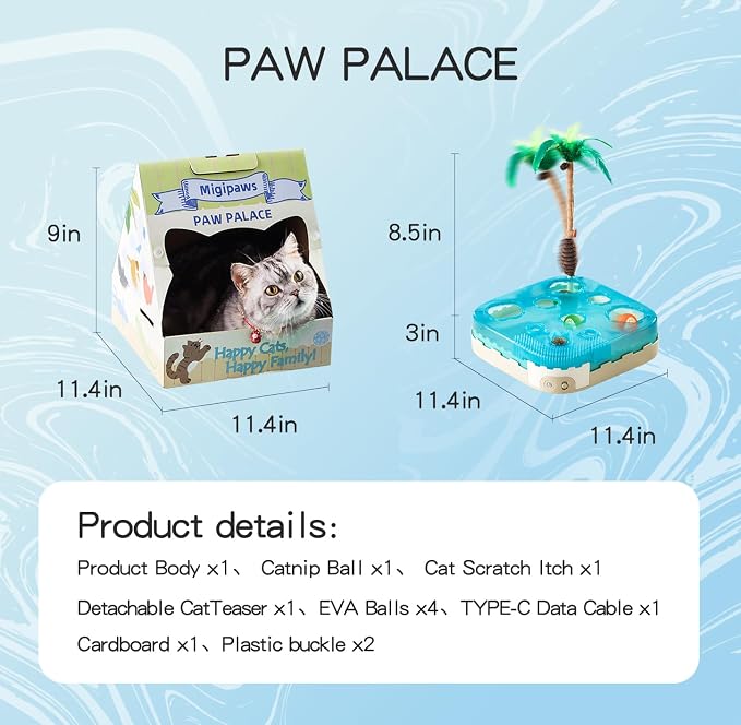 Migipaws 7-in-1 Interactive Cat Toy Motion Activated Indoor Playset with Automatic Pop Bounce Cat Ball, Feather Palm Tree Wand, Catnip Ball & Self-Grooming Cardboard House Rechargeable