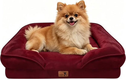 Spotted Play Orthopedic Dog Bed with Sides - Sofa Beds for Small Dogs, Supportive Foam Pet Couch Bed with Washable Removable Cover, Waterproof Lining and Non-Slip Bottom, Burgundy - S