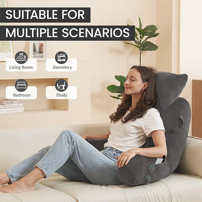 Unisakey Portable Reading Pillows with Headrest for Bed Sitting Up(Light Grey Oeko-Tex), Velvet Back Pillow with Arms & Pockets for Adults, Support Memory Foam Bed Pillow for Dorm/Watching/Gaming