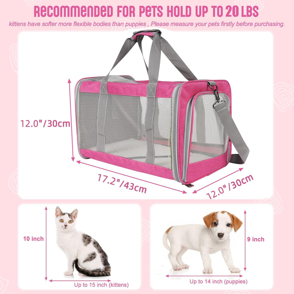 Pet Carrier for Large Cats of 20 Lbs, Collapsible Carrier Bag for Big Cat or 2 Kittens,Soft Sided Puppy Carrier with Sturdy Travel Transport Strap, Adequate Ventilation, 4 Mesh Windows (Pink)