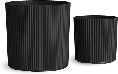 Mayne Haven Set of 2 (10in and 14in) Fluted Planter, Round Planters for Outdoor Plants, Lightweight Concrete Look Plant Pots for Porch, Patio, Garden and Entryway Décor, Black