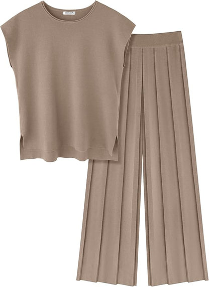 Ekouaer Lounge Sets for Women Two Piece Outfits Knit Cap Sleeve Tops Wide Leg Pleated Pants Casual Dressy Sweater Sets