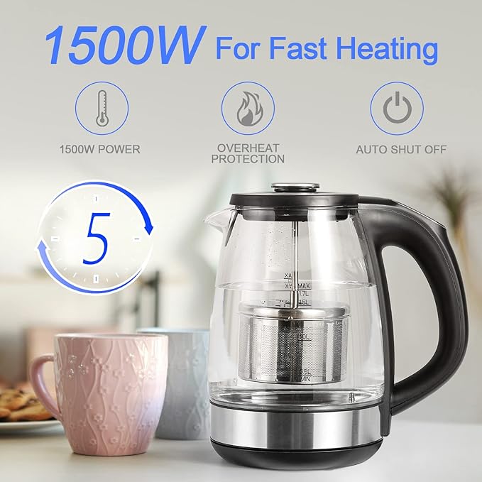 ShanSon Electric Kettle with Tea Infuser 1.7L Temperature Control Glass