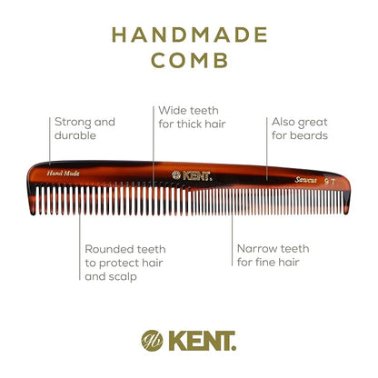 Kent 9T Tortoiseshell Fine Tooth and Wide Tooth Comb - Large Handmade and Saw-Cut Fine Hair Dressing Comb - Wet Hair Detangler Combs for Women and Durable Grooming Made in England