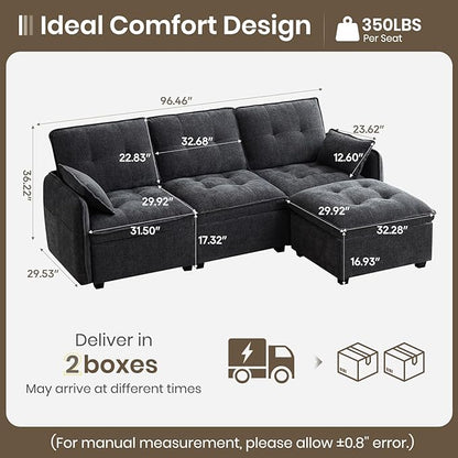 PALLOME 96" Modular L-Shaped Sofa - 3-Seat Cloud Couch with Movable Ottoman, Extra Deep Seat Sofa Couch with Throw Pillows for Living Room & Small Spaces (Grey, 3-Seat + Ottoman)