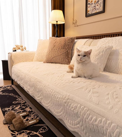 White Fuzzy Rabbit Plush Sofa Cover Cozy Warm Sofa Couch Covers with 3D Jacquard Leaf Pattern Non-Slip Easy-to-Install Shaggy Sofa Slipcover Prefect for Kids Dogs Cats Cats(White,36"x102")