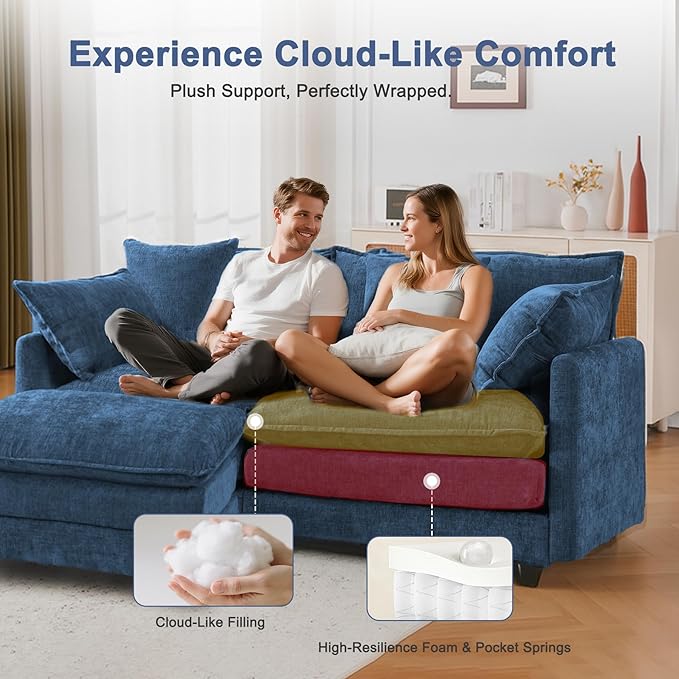 77" Cloud Chenille L-Shaped Sofa with Ottoman | Space-Saving Apartment Couch with 29.1" Deep Seat & Footrest | FSC Certified Solid Wood & Metal Frame | Easy Assembly & 1YR Guarantee
