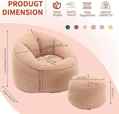 Bean Bag Chairs, Gaint Bean Bag Couch with Memory Foam for Adults and Kids, Microfiber Upholstered Sofa with Ottoman, Comfy Lazy Bean Bag Reading Chair for Living Room