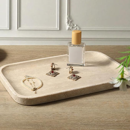 Koville Romano Travertine Tray, 12"x8" Natural Stone Vanity Tray for Countertop Bathroom Kitchen Dresser, Decorative Marble Catchall Trays for Perfume Jewelry, Rectangular Serving Tray(Beige)