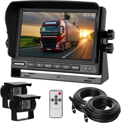 RV Backup Camera and Monitor Kit(12-24V) 7inch HD Monitor Reversing +2 Rear View Camera 170°Wide Angle,18IR Night Vision,Waterproof IP68，Dual Back up Camera for Truck/Trailer/Van/Camper/Vehicles.