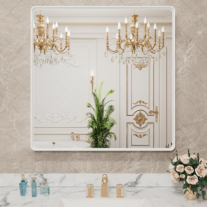 LOAAO 36x36 Inch White Metal Framed Bathroom Mirror