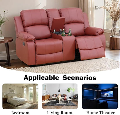 Caberryne Leather Recliner Sofa，Reclining Sofa Set for Living Room Furniture Sets，Red Double Recliner Loveseat for Living Room/Office/Theater Seating/Rv(2 Seater Couch)