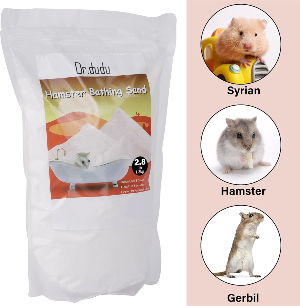 DR.DUDU Hamster Bath Sand, 2.8lb Dust Free Desert Sand or Potty Litter Sand for Hamster Chinchillas Gerbil Syrian Mice Small Animals (White)