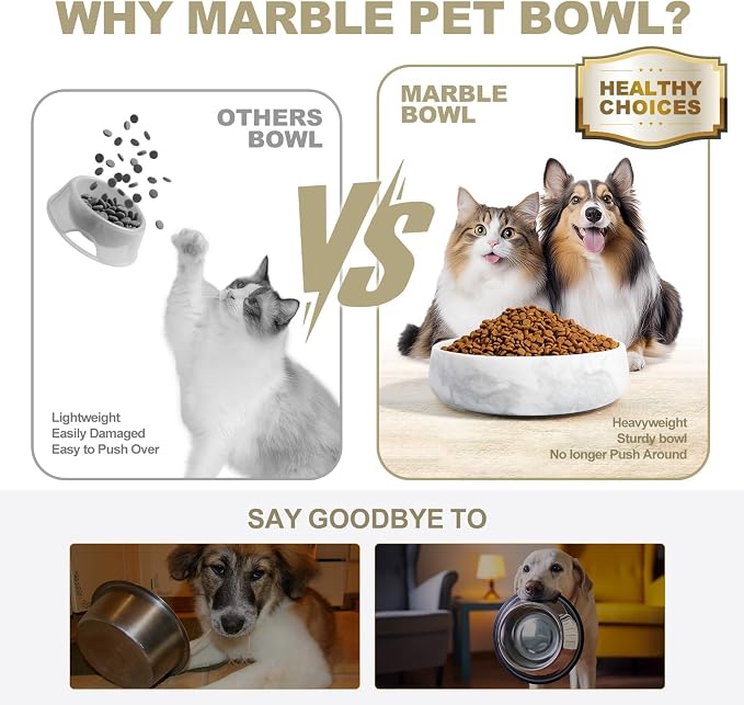 White Dog Bowl, Marble Dog Food Bowl, Non-Slip Water Dish Large, Heavy Duty Pet Bowl for Large Dogs, African Natural Marble, Holds 6 Cups(6lbs)