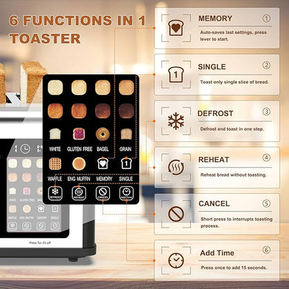 4 Slice Toaster Touch Screen, Stainless Steel Toasters Digital Timer, Dual