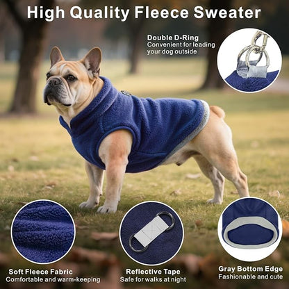 Idepet 2 Pack Dog Fleece Vest Sweater Warm Pullover Jacket with D-Ring Leash Reflective Winter Coat Hoodie for Puppy Cat French Bulldog Pug Chihuahuas Yorkies Dachshunds(Black&Blue,Small)