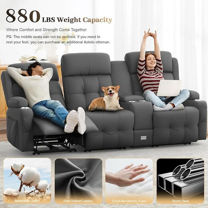 Aotolo Recliner Sofa, Massage Reclining Sofa 3 Seater Sets Heavy Weight Capacity, RV Loveseat Couch Clearance with Console, USB, Type C Port, Storage, Cup Holders, Wall Hugger Chair for Living Room