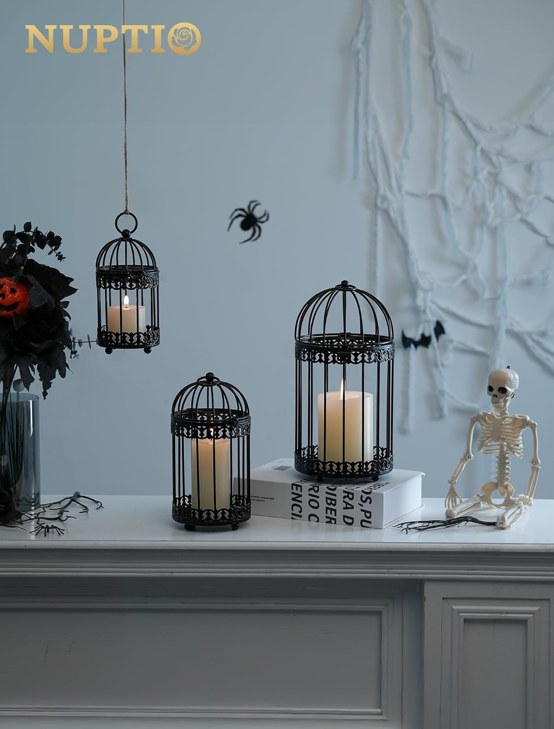 NUPTIO Decorative Bird Cages for Centerpiece: Black Vintage Bird Cage Hanging Lantern Set of 3 - Metal Birdcage Pillar Candle Holders for Halloween Party Table Fireplace Decor