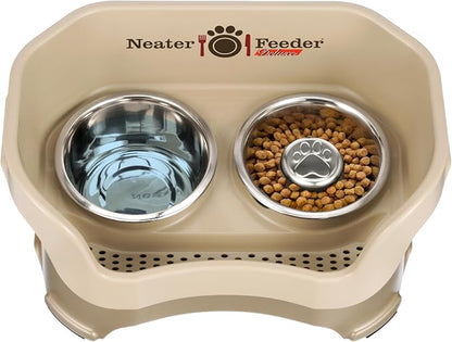 Neater Feeder Deluxe Mess Proof Dog Bowls Elevated for Medium Sized Breeds – Made in USA – No Spill Raised Slow Feeder Elevated Dog Bowl Stand, Stainless Steel Food and Water Bowl Set, Cappuccino
