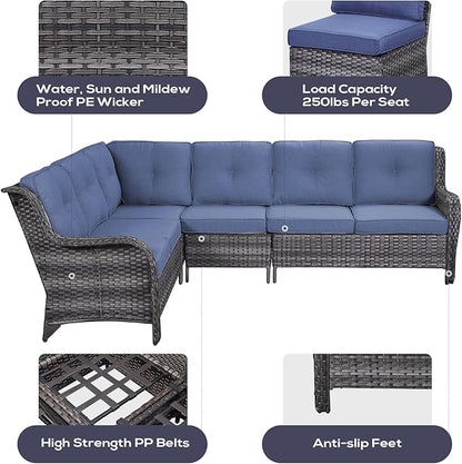 Belord Outdoor Furniture Sectional Sofa L Shaped Couch - Patio Wicker Furniture Set with Coffee Table, 3 Piece Rattan Patio Conversation Sets with Blue Cushion for Deck Backyard Sunroom
