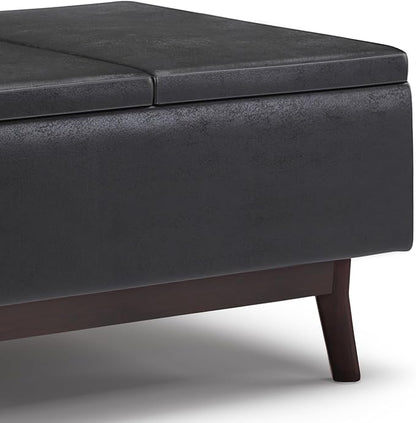 SIMPLIHOME Owen Tray Top Small Coffee Table Storage Ottoman - 34 inch Wide Upholstered Vegan Leather Rectangular Flip-Top Ottoman in Distressed Black, Mid-Century Ottoman for Living Room