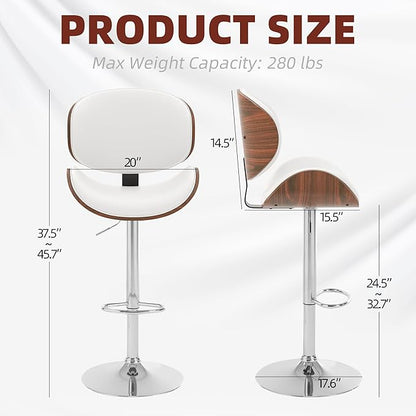 civama Bar Stools Set of 2 for Kitchen Counter, Adjustable Bar Height Chairs, Modern Swivel Barstools with Bentwood Seat and Back with Footrest, for Kitchen Island, Dining Room, White PU Leather