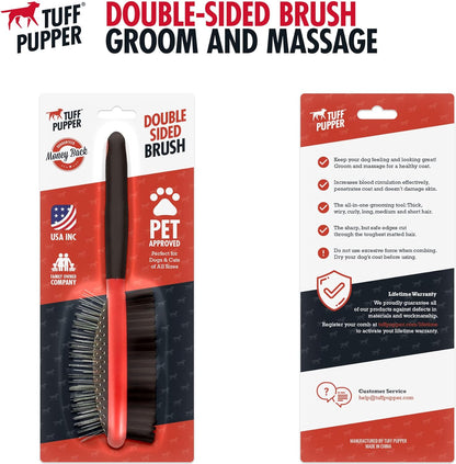Tuff Pupper Double Sided Dog Brush, Detangling Tool for Dogs and Cats, Pin & Bristle Pet Brush, for and Hair Types, With Comfort-Grip Anti-Slip Handle, Brown, Black, White