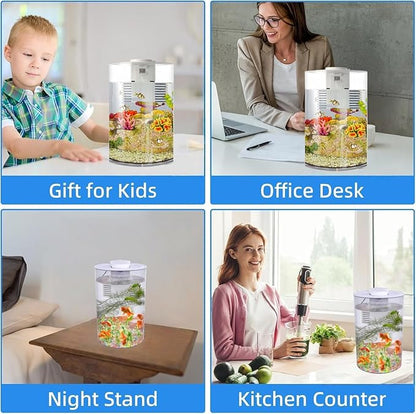 Desktop Fish Tank 3 Gallon Self-Cleaning, Nano Aquarium Goldfish Tank Starter Kit with LED Light & Filter, 360 View for Small Fish, Kids Room & Home Decor (17Color)