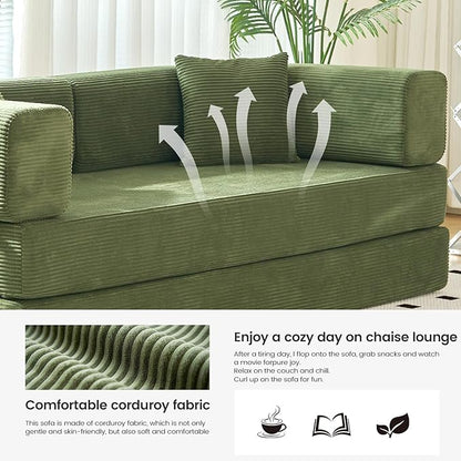 Folding Sofa Bed Convertable Corduroy Couch King Size Floor Sleeper 4-in-1 DIY Combination sofabed Fold Out Futon Lounge Comfy Foldable couches cama for Living Room (Green, 80.15")