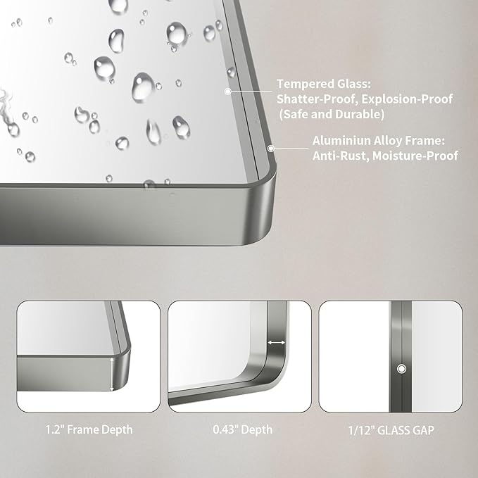 LOAAO 77X36 Inch Brushed Nickel Bathroom Mirror, Rounded Rectangle Silver Metal