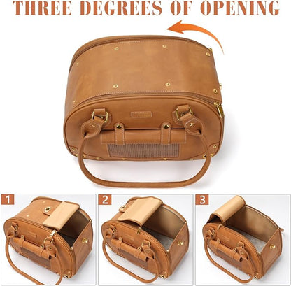 Dog Carrier Purse, Pet Carrier, Foldable Waterproof Premium PU Leather Pet Travel Portable Bag Carrier for Cat and Small Dog Home & Outdoor Small Brown