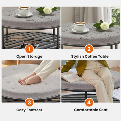 Ottoman Coffee Table with Upholstered Tufted Linen Fabric, Round Center Table with Storage Large Footrest Ottoman for Living Room Gray