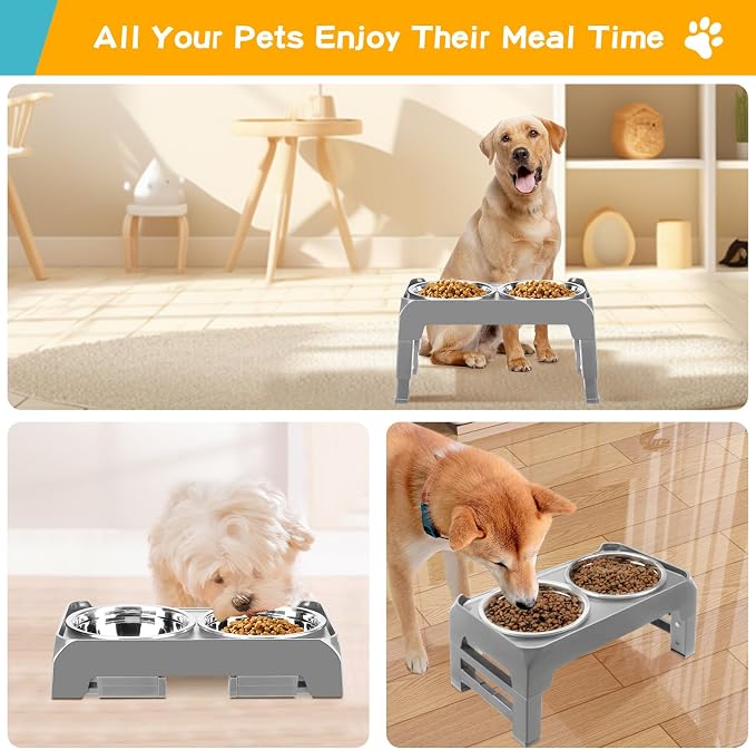 COMESOON Elevated Dog Bowls for Small Medium Dogs, 3 Height Adjustable Raised Stand with 2 Thick 6" Stainless Steel Food Bowls, Non-Slip Feeder Adjusts to 2.75", 6", 7.5", Grey