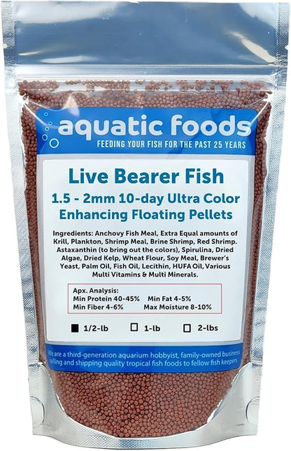 Aquatic Foods Inc. Live Bearer Ultra Red Color Enhancing 1.5mm-2mm Floating Pellets. Color Enhancing in 10-Days for Swordtails, Platies, All Live Bearers…1/2-lb Bag