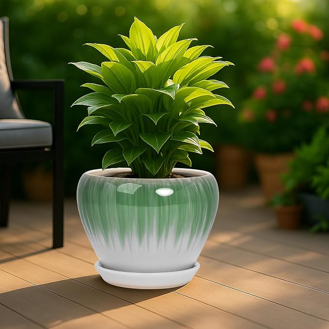 Deep Dream 10 Inch Plant Pot- Ceramic Planter Pot Round Plant Pots for Indoor Plants Outdoor Large Flower Pot with Drainage Holes & Trays, White&Green