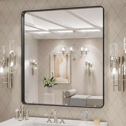 LOAAO 32x36 Inch Black Metal Framed Bathroom Mirror