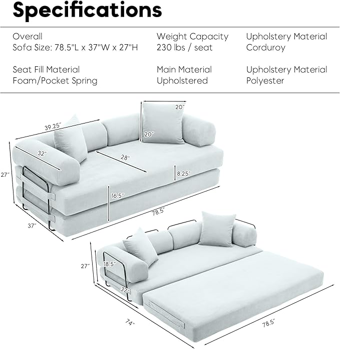 Convertible Sleeper Sofa Bed, Folding Floor Sofa Bed with Fixed-Shape Frame, Corduroy Floor Sleeper Sofa with Storage Pocket, Futon Boneless Sofa Couch for Living Room, Mint Blue