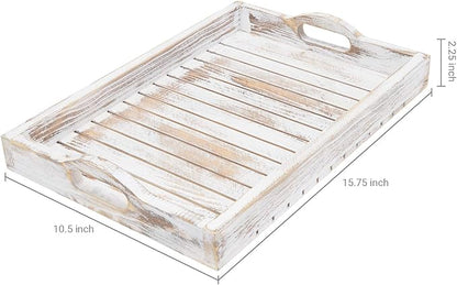 MyGift Shabby Chic Whitewashed Wood Breakfast Serving Tray with Cutout Handles with Slatted Design, Breakfast Ottoman Coffee Table Tray, 16 x 11 Inches