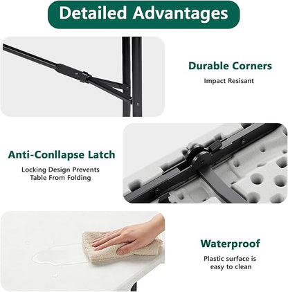 FurniEdge 6ft Folding Table with Handle, Heavy Duty Plastic Table, 300 lbs Portable Table, Reinforced Steel Legs, High Density Plastic, Ideal for Parties, Picnics, Weddings, Camping