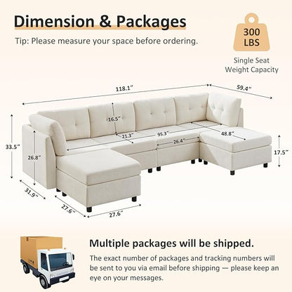 VANOMi 4 Seater Modular Sectional Sofa with 2 Ottomans, 118" Cloud Sofas & Couches, Comfy Chenille Sectional Couches for Living Room, Apartment, Office, White, U Shaped