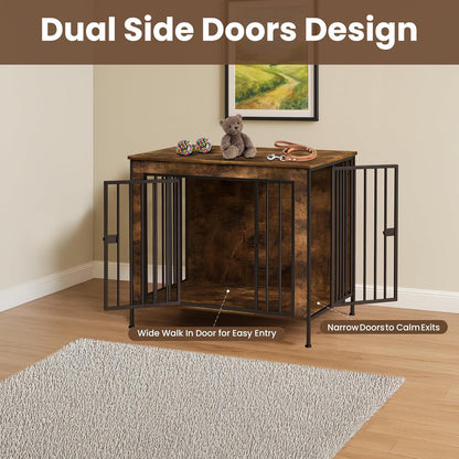 Dog Crate Furniture 40" Sturdy Heavy Duty Dog Kennel Solid Metal Tube Thick Wooden with 3 Lockable Doors Single Dog Cage Large Breed as TV Stand End Table for Large Dog Rustic Brown