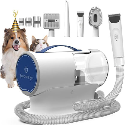 FIXR Dog Grooming Kit with Vacuum - 12,000Pa Suction Electric Clipper + Guide Combs + Shedding Brush + Crevice & Cleaning Tools, 2L Dustbin, 50dB Quiet Motor for Dogs & Cats, Blue