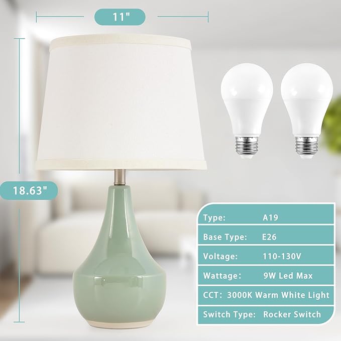 GyroVu Table Lamp Set of 2, 18.63” Ceramic Table Lamp Classic Beside Lamps Nightstand Lamp Modern Lamp for Living Room, Bedroom & Office Rocker Swtich Sage Green-LED Bulbs Included