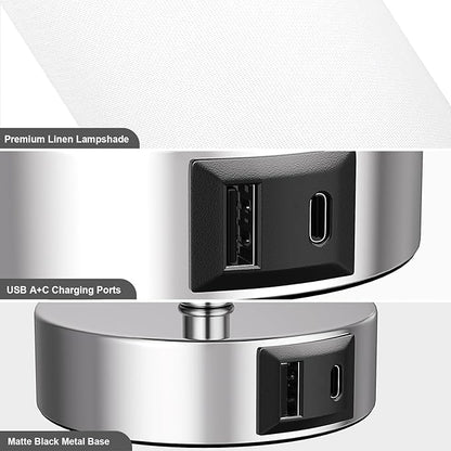 White Table Lamp for Bedroom Nightstand - Small Lamp with USB A + C Charging Port, 3 Color Temperatures Pull Chain Night Stand Light, Silver Base Desk Reading Lamp for Living Room