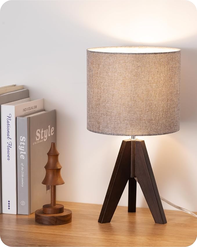 EDISHINE Boho Small Table Lamp, Walnut Color Wooden Tripod Bedside Lamp, Farmhouse Nightstand Lamp for Nursery, Bedroom, Office, Kid Room, Living Room, Grey Linen Lampshade, E26 Socket, 14.2 Inch