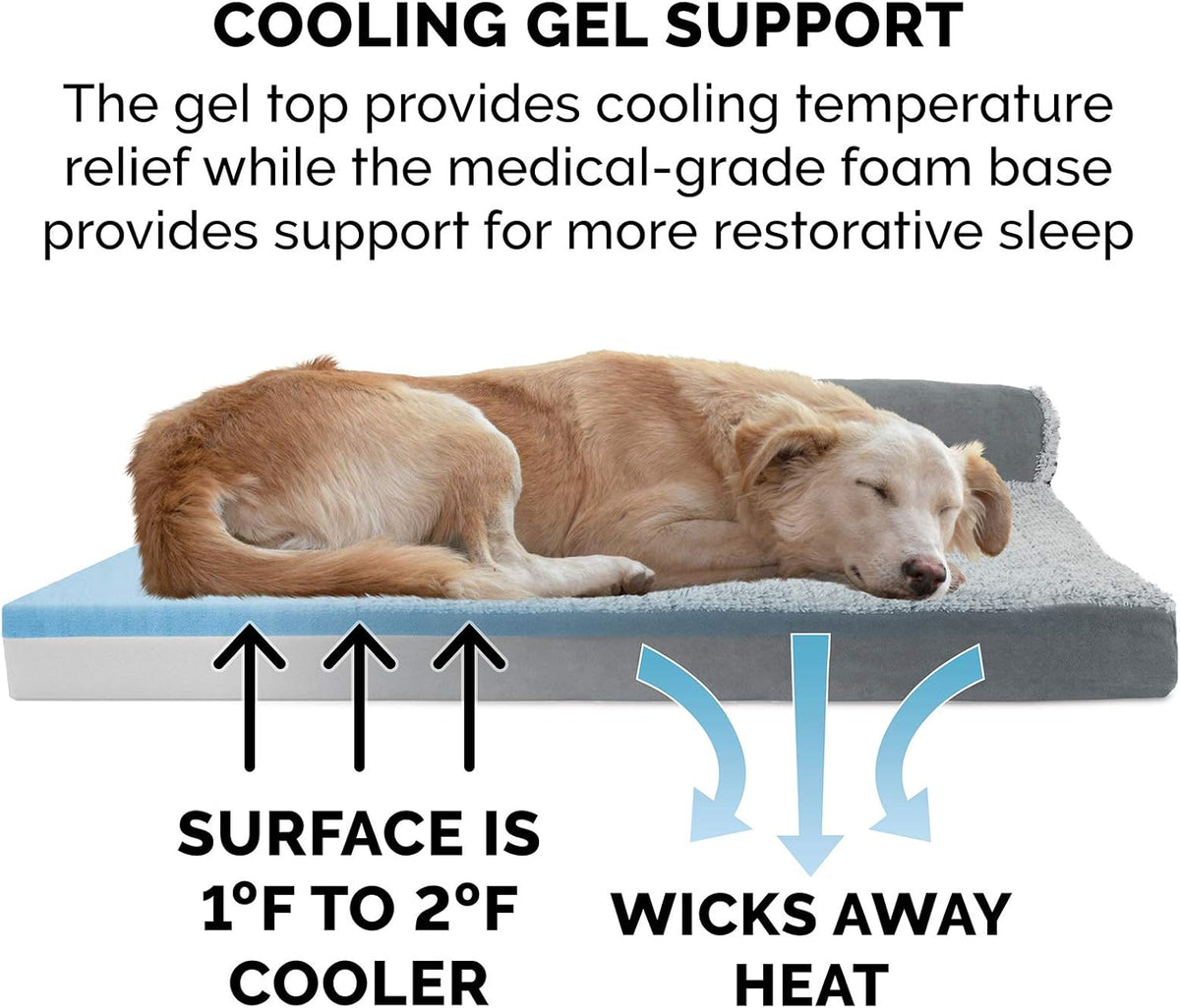 Furhaven Cooling Gel Dog Bed for Large/Medium Dogs w/ Removable Bolsters & Washable Cover, For Dogs Up to 55 lbs - Two-Tone Plush Faux Fur & Suede L Shaped Chaise - Stone Gray, Large